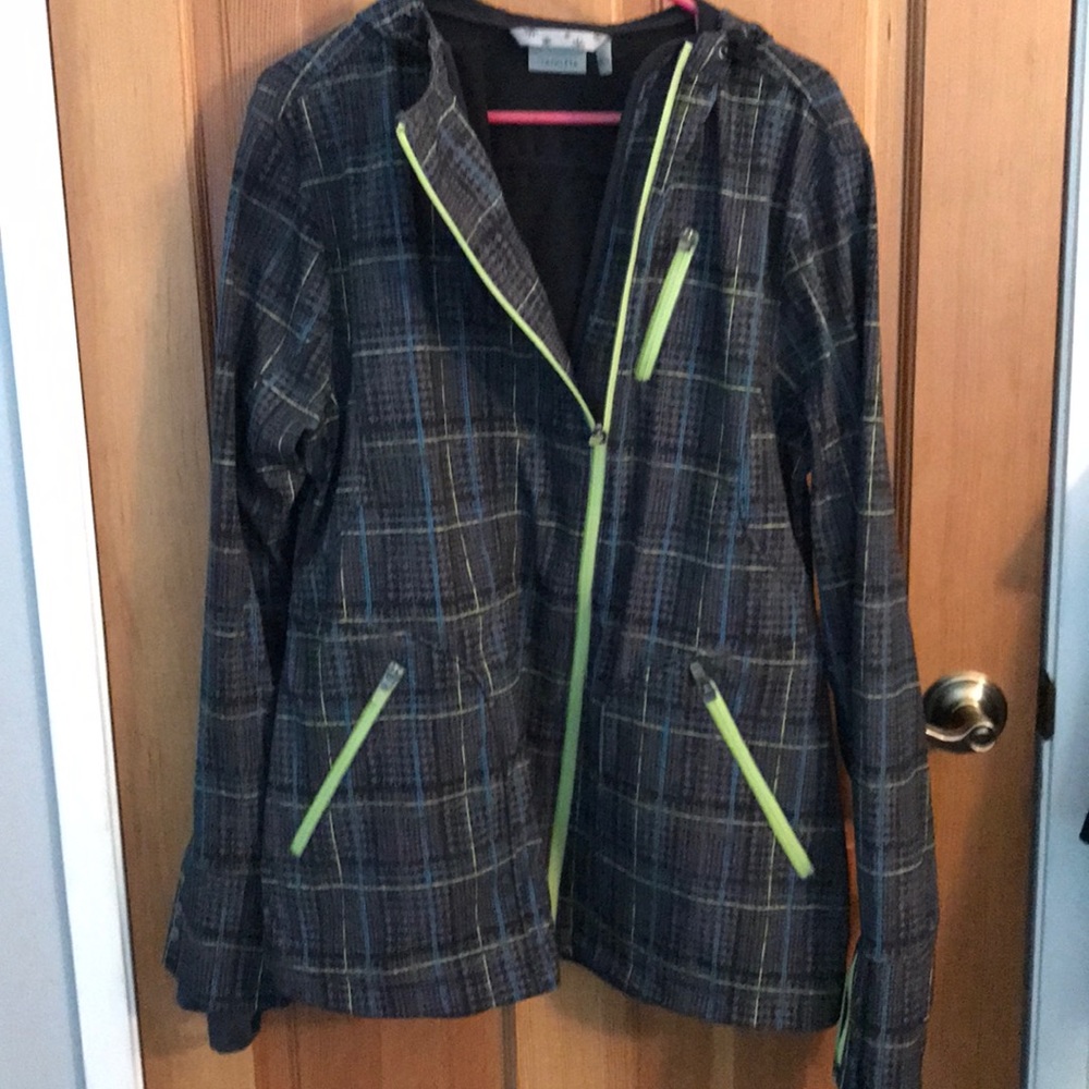 Athleta Dark Plaid Ski Jacket with Lime Accents